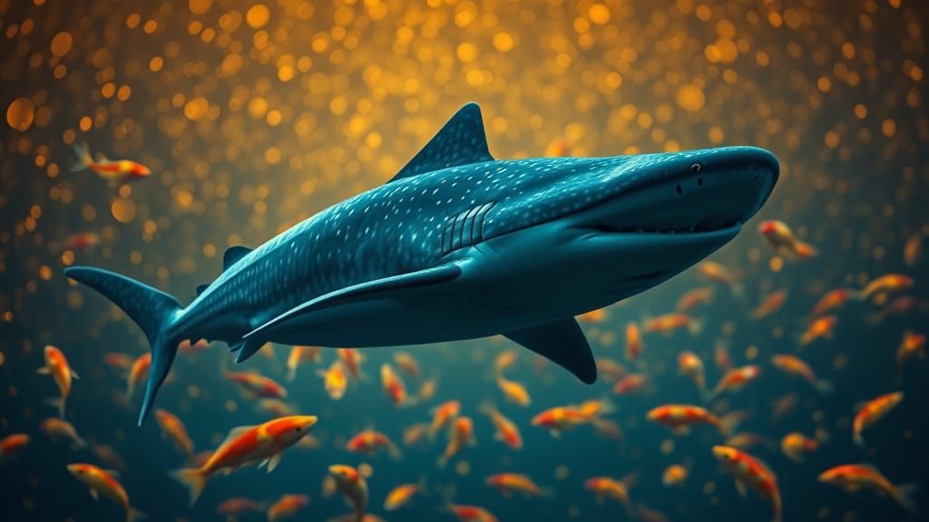 Whale Shark in Bioluminescent Ocean with Koi