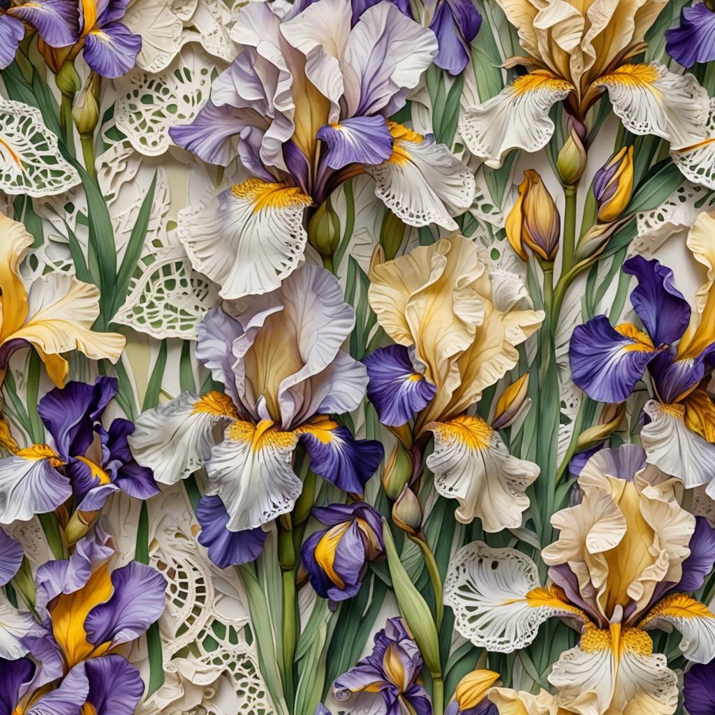 Hyperdetailed Iris Flowers on White Doily Background