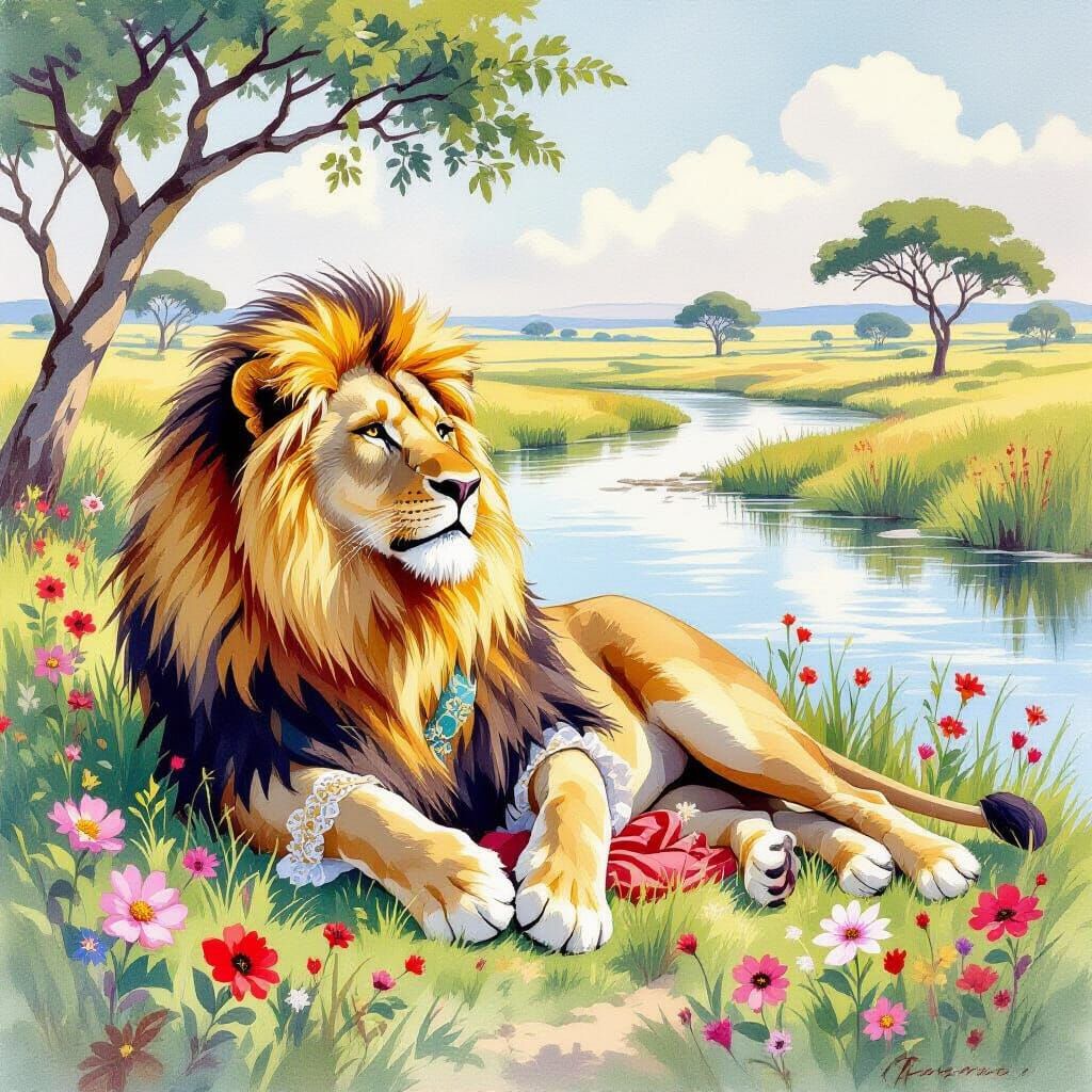 Lion in Watercolour Beside African River