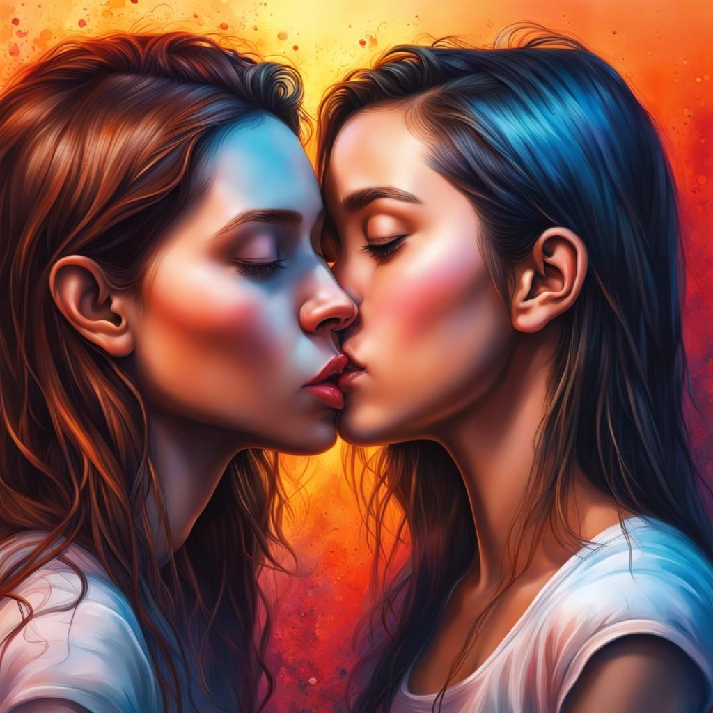 Hyperrealistic Splash Art of Two Girls Kissing