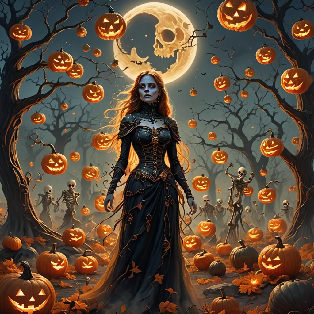 Eerie Autumn Landscape with Ghosts and Jack-o-Lanterns