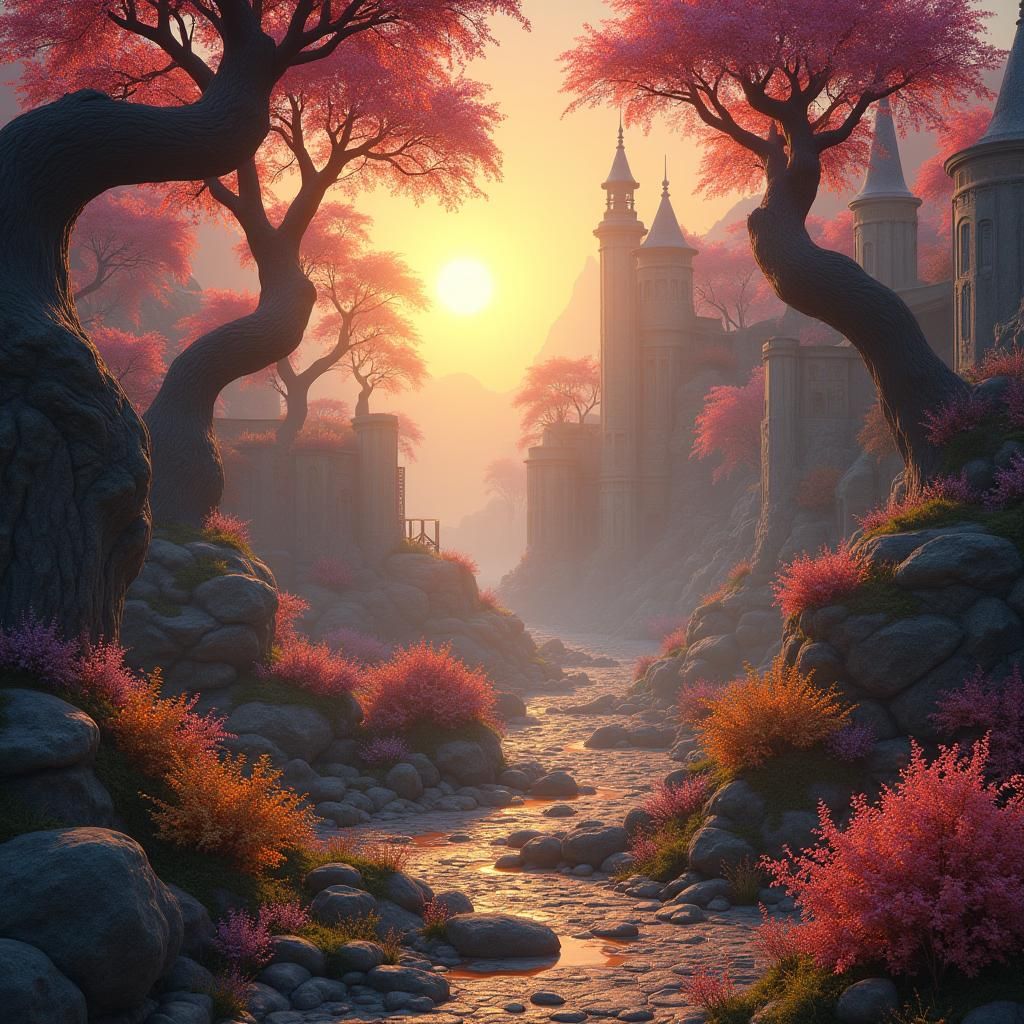 Golden Fantasy World with Mystical Ruins in 8K