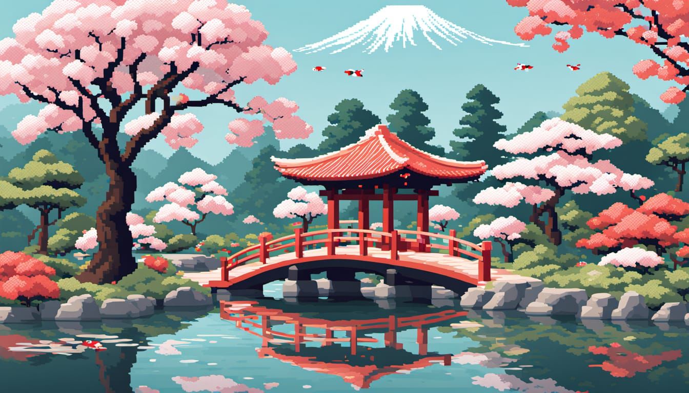 8-Bit Pixel Art Japanese Garden with Cherry Blossoms