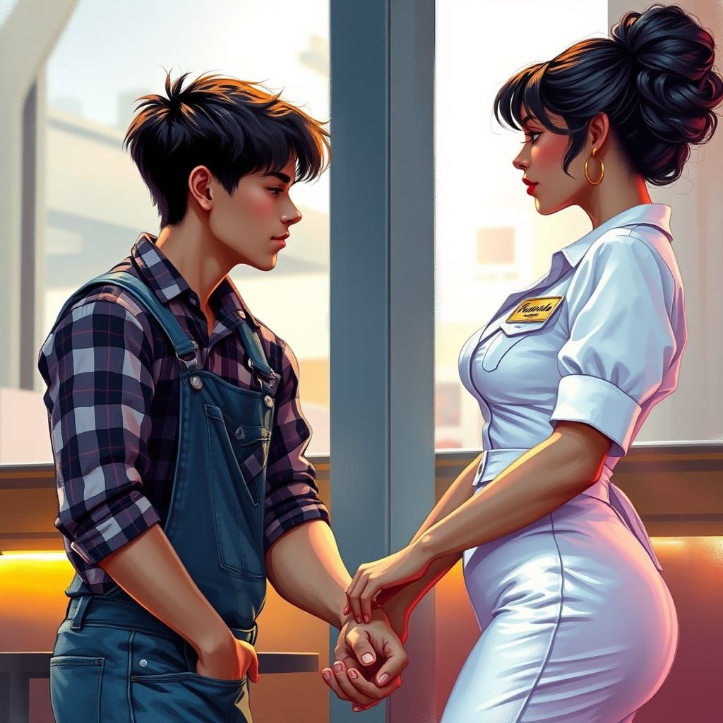 Young Couple Lost in Adoring Gaze, in Dreamy Alcohol Ink Sty...