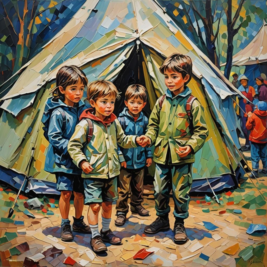 Hungry Children in Tent: Expressionist Oil Painting