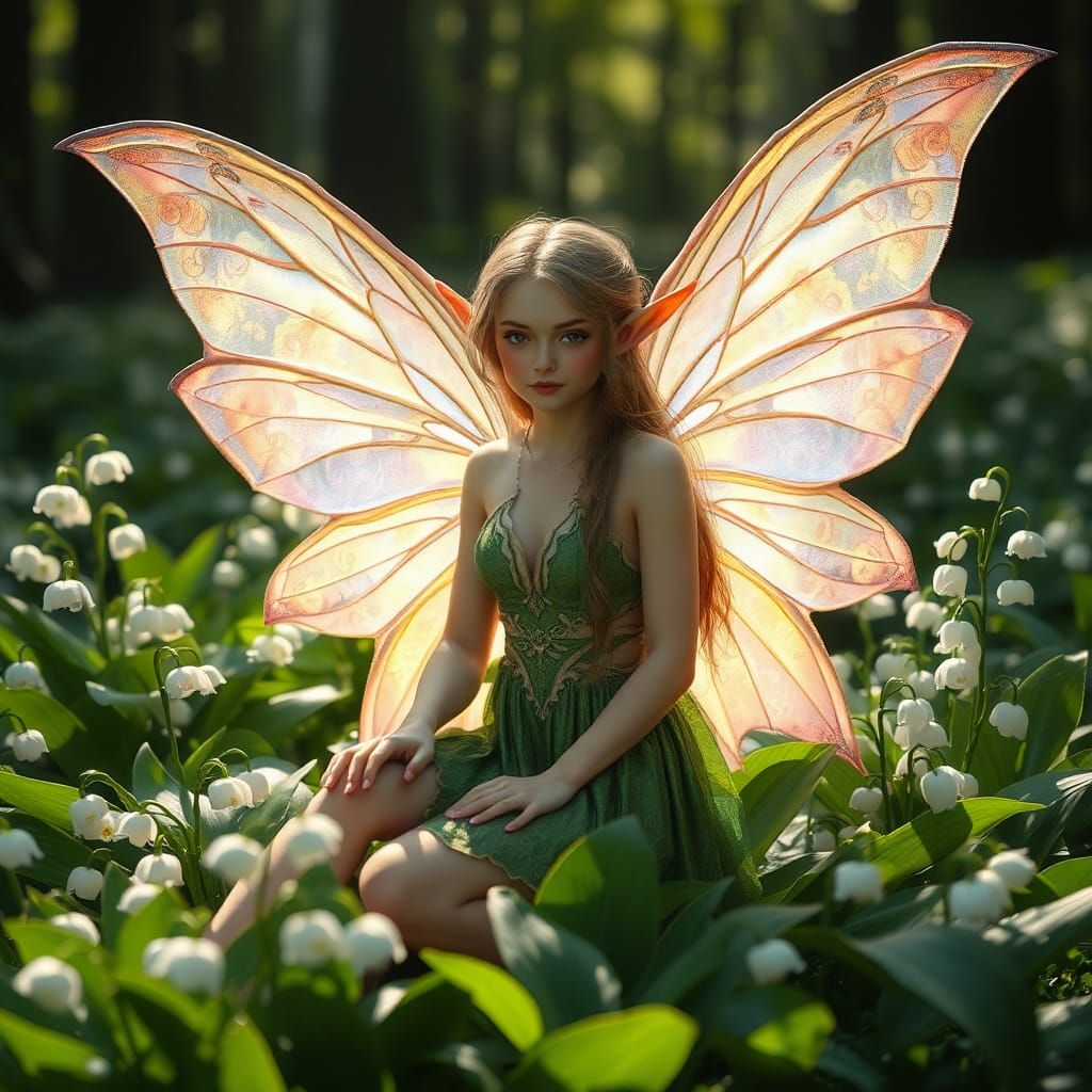 Fairy Elf in Lily of the Valley Patch