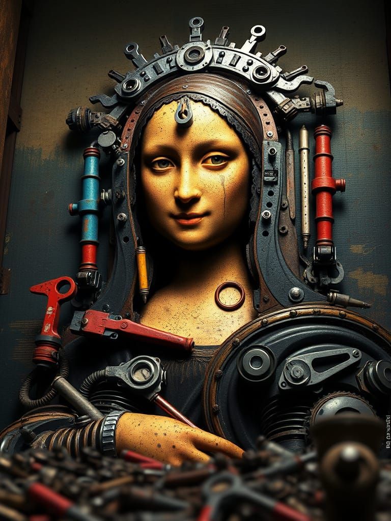 Mona Lisa Reimagined as Futuristic Assemblage Masterpiece
