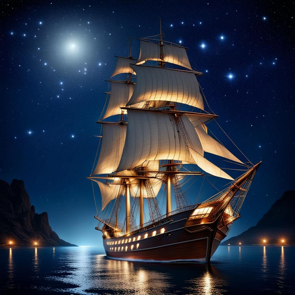Sailing Ship Silhouetted Under Starlight Night Sky