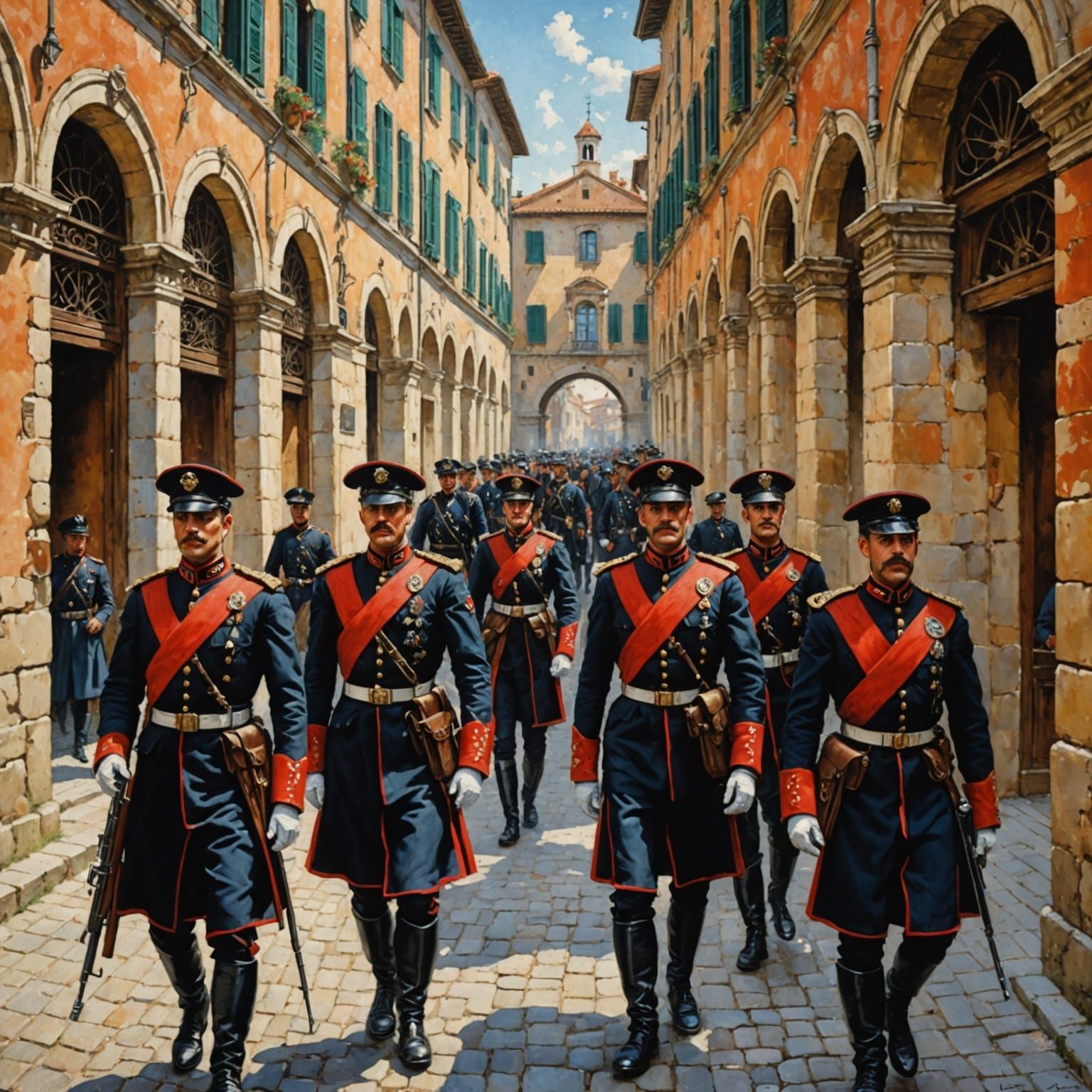 Italian Carabinieri in Renaissance Arcades, Oil Pointillist ...