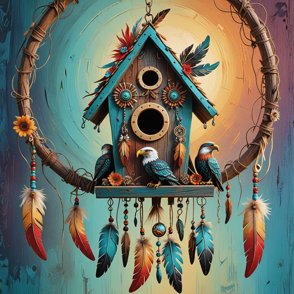 Folk Art Eagle Birdhouse with Tribal Headdress