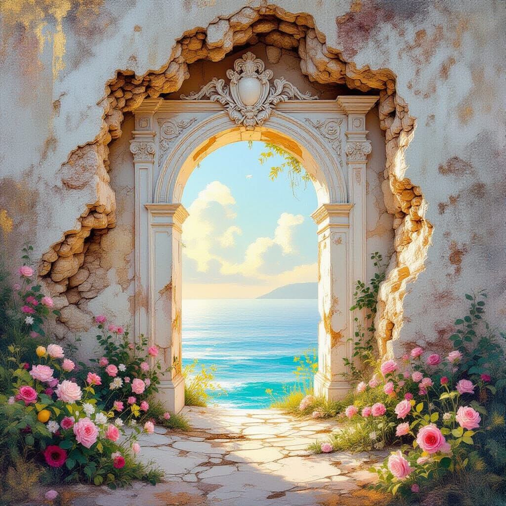 Illuminating Ancient Portal on Cliffside, Metamodern Art