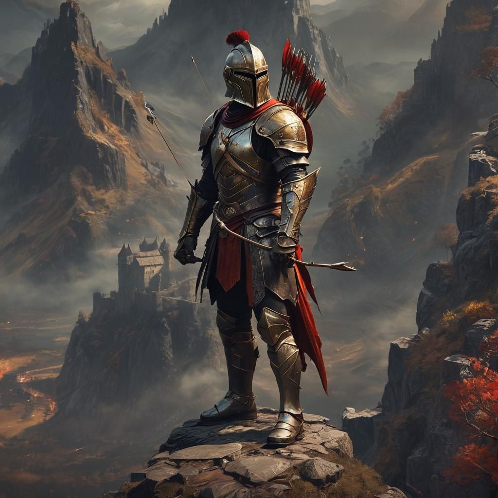 Medieval Spartan Knight with Bow in Oil Painting Style