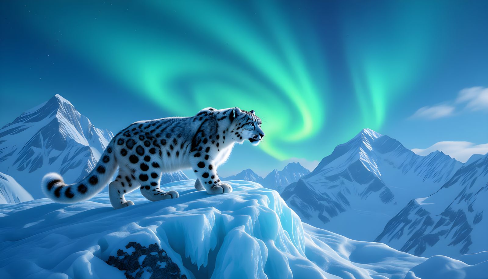 Snow Leopard on Icy Peak Under Aurora Borealis