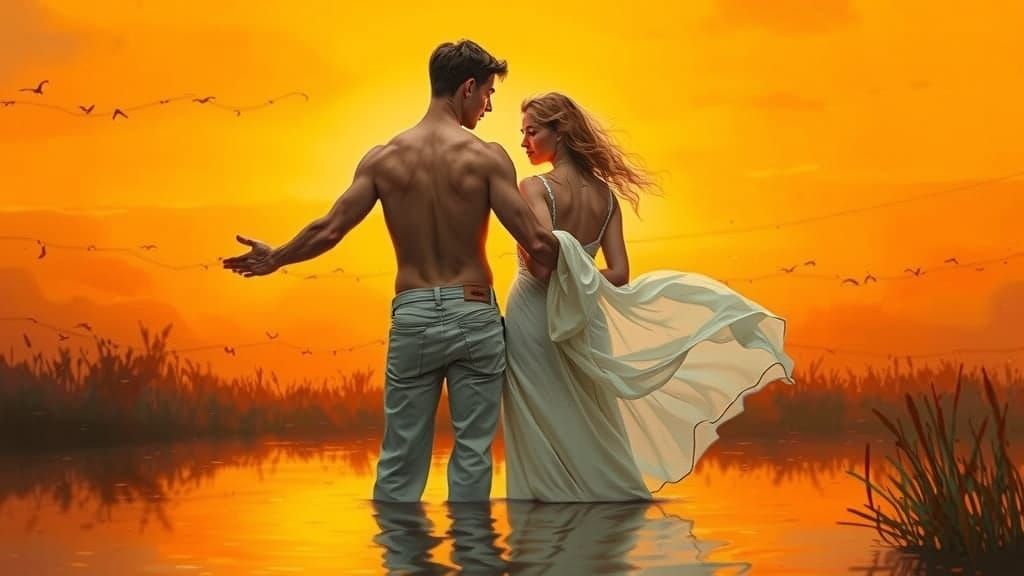 Dreamlike Couple in Vibrant Sunset Landscape