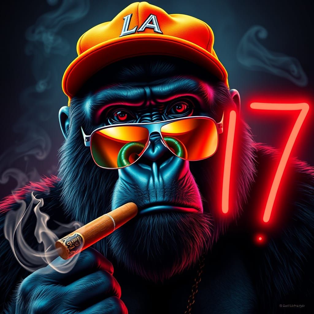 Gorilla with Cigar in Neon Style