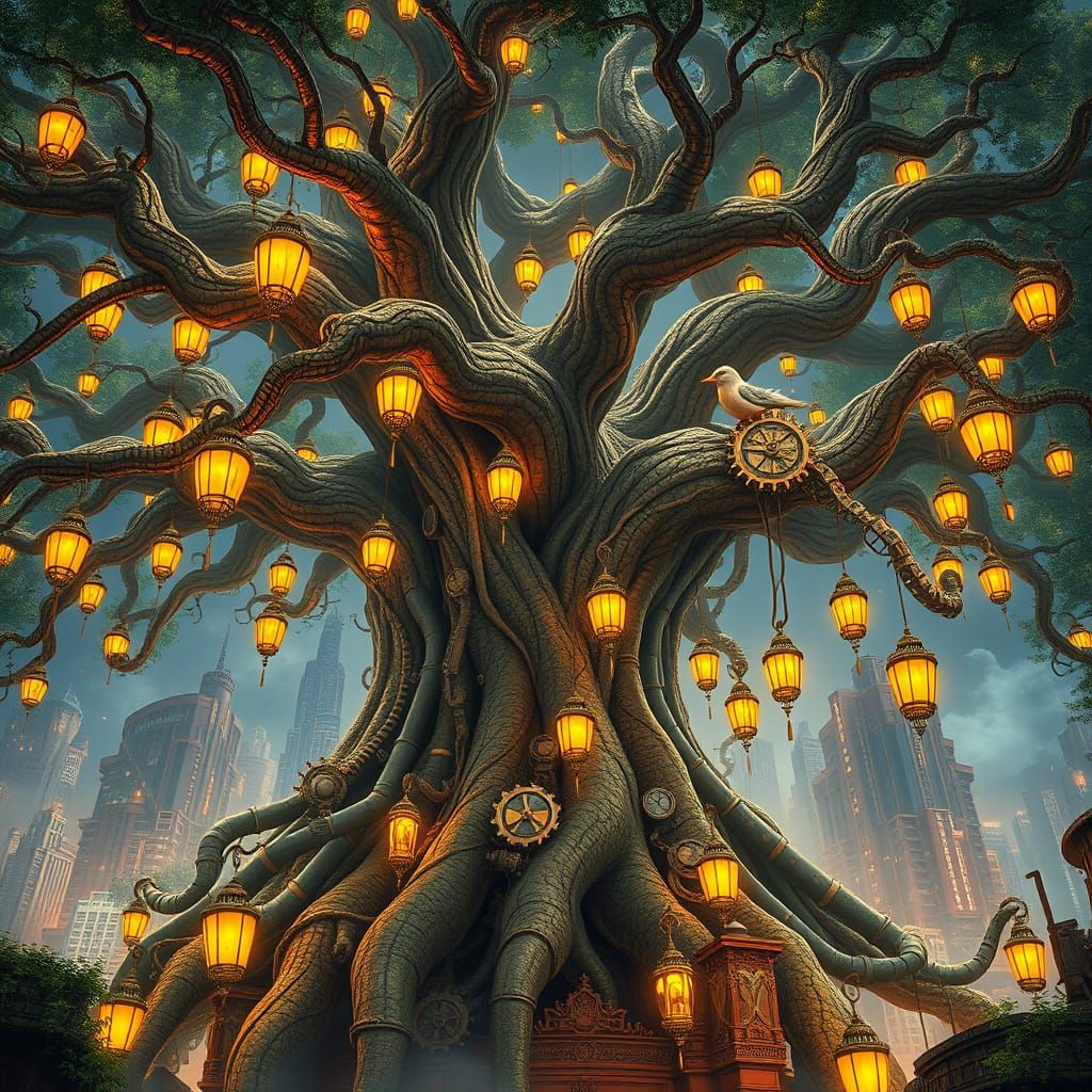 Steampunk Ancient Tree in Dreamlike Cityscape