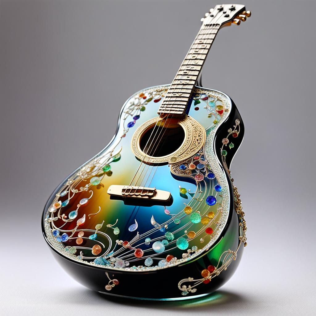 Enameled Glass Guitar with Miniature Music Notes