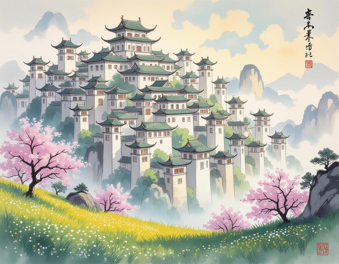 Elvish Cityscape in Escher Style, Early Spring Awakening