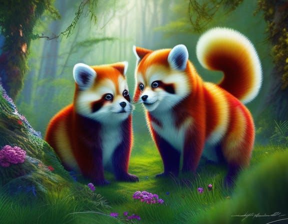 Red Pandas Explore Whimsical Forest as Digital Painting