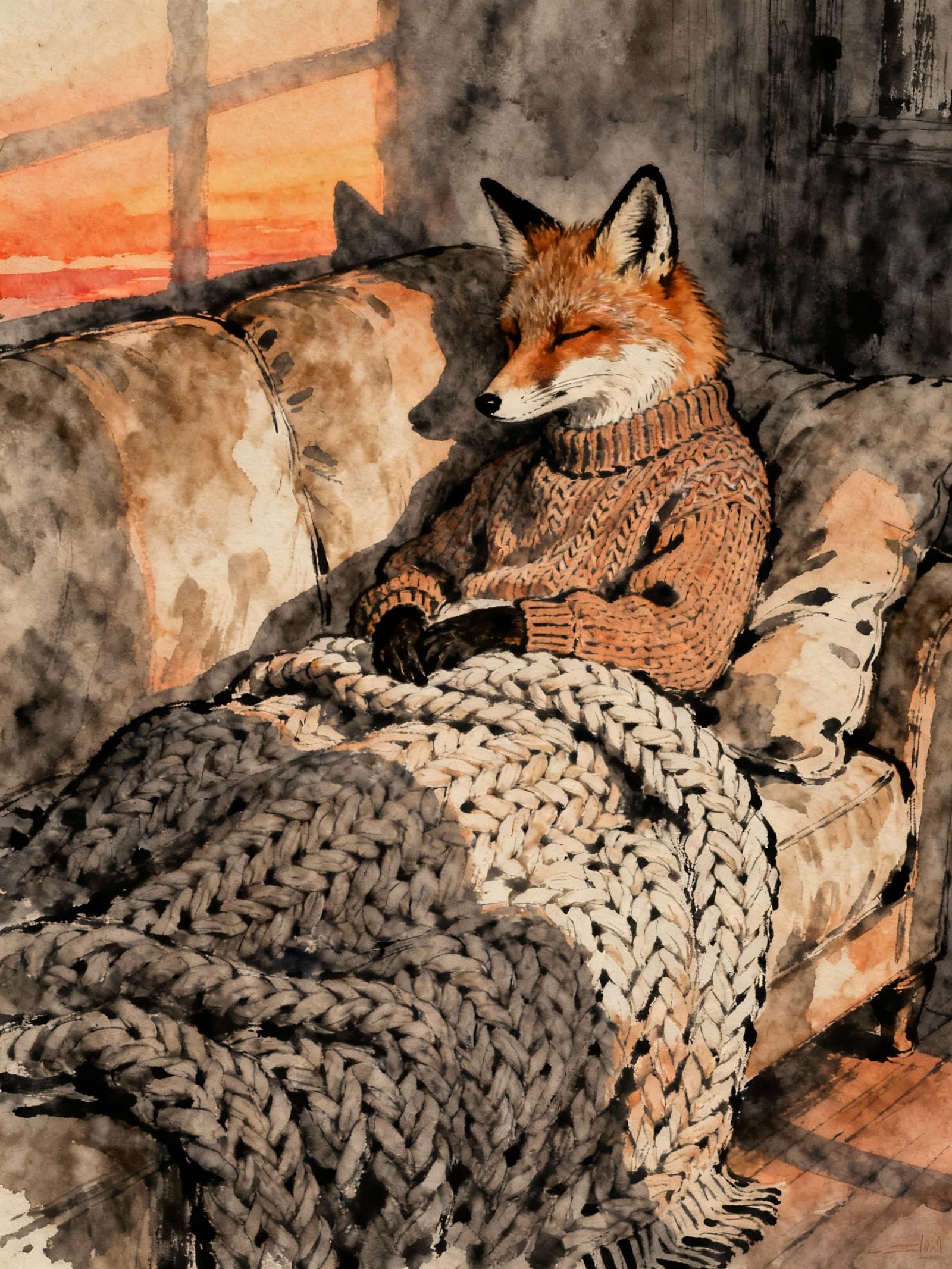 Cozy Fox in Quilt by Greek Sunset, India Ink Style