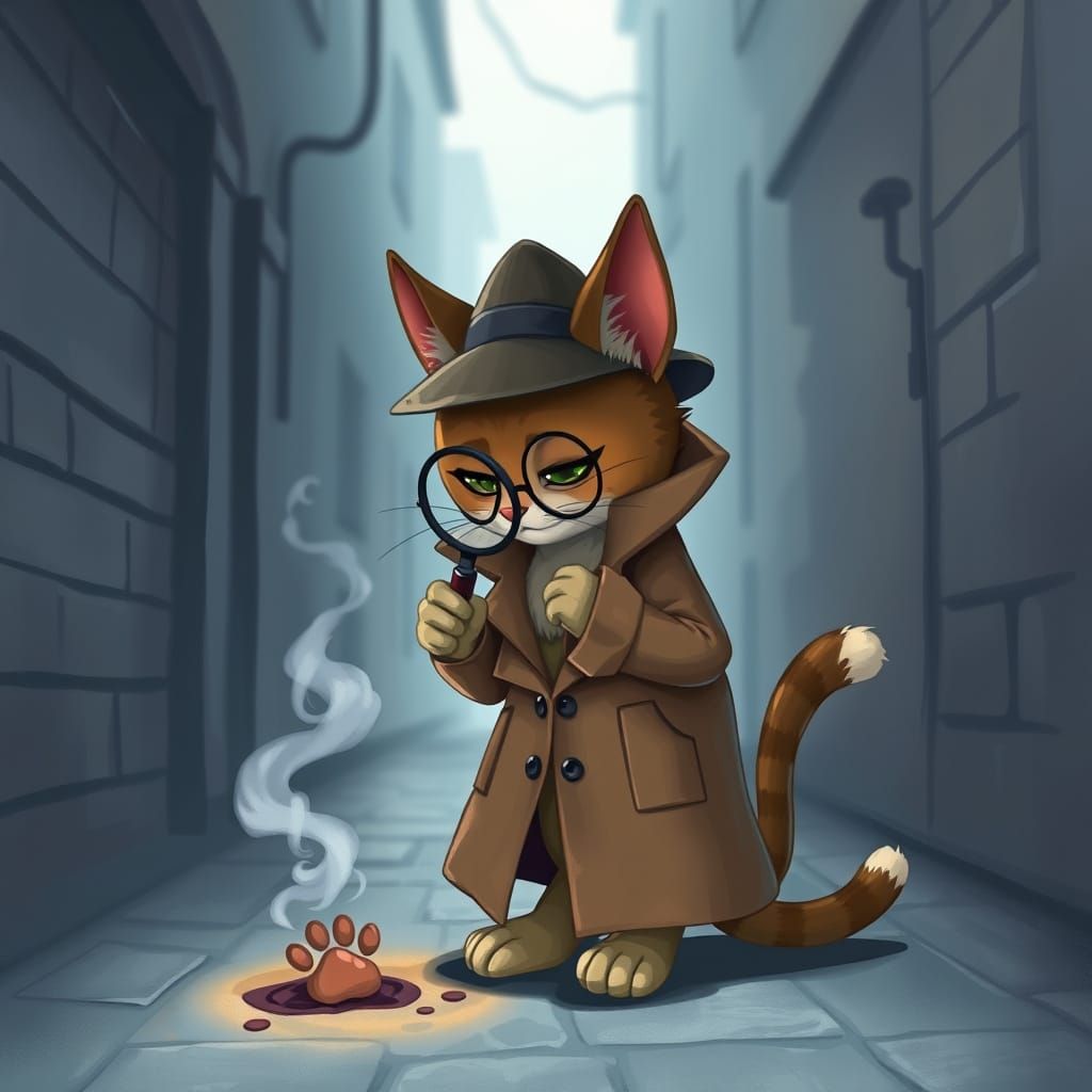 Mystery Cat Investigates in a Whimsical Alleyway Scene