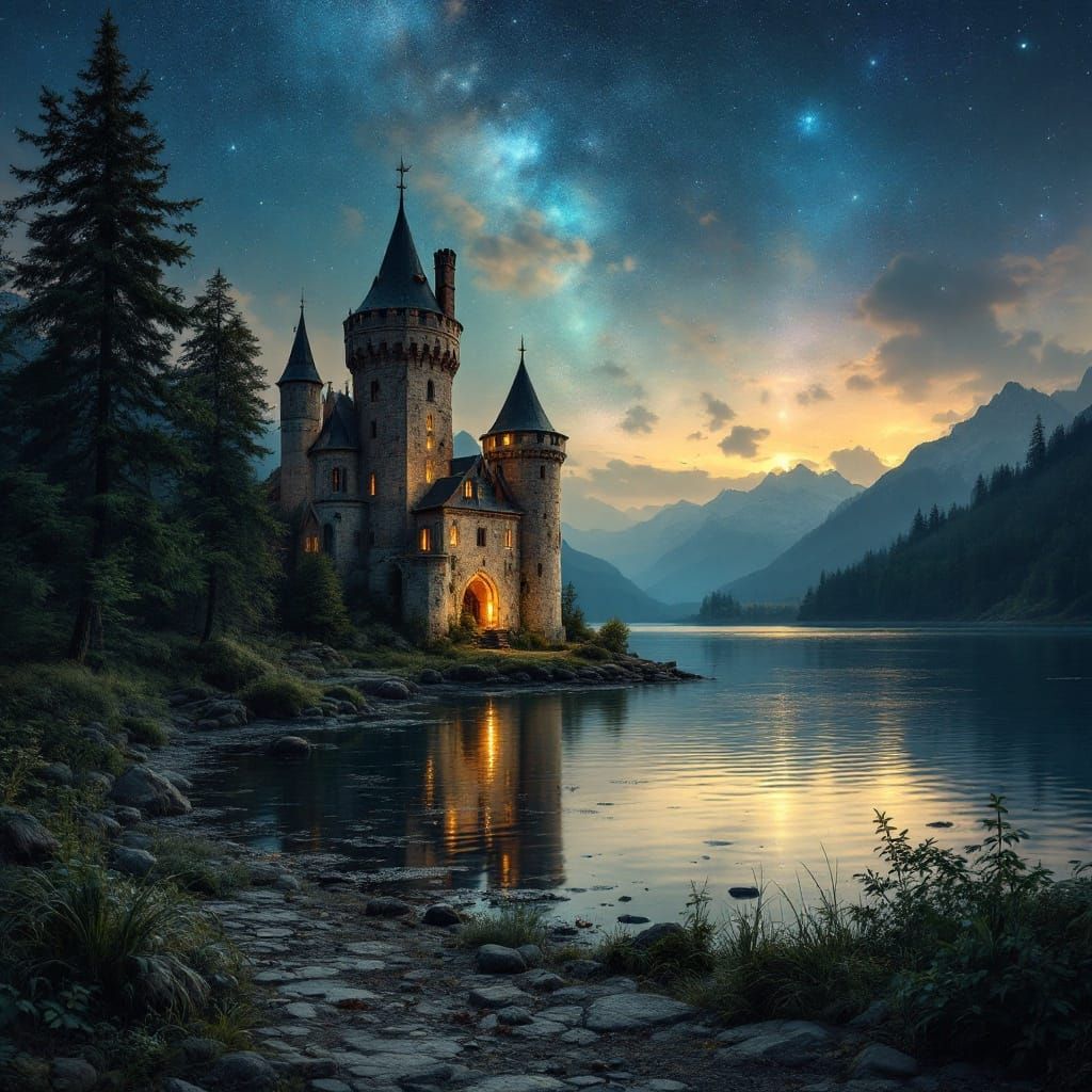 Midnight Castle Ruins Amidst Aurora-Lit Trees and Lake