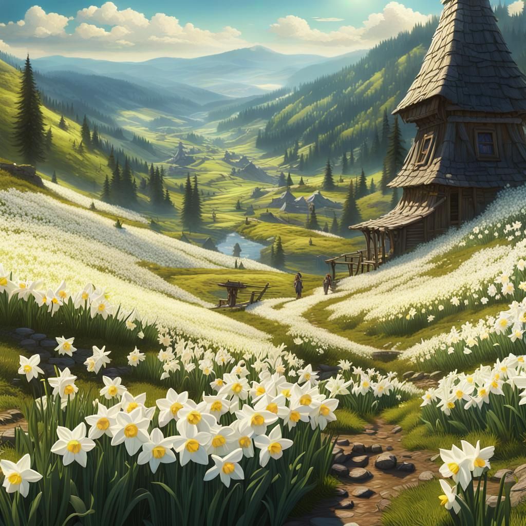 Daffodil Valley in Ukrainian Carpathians: Matte Painting