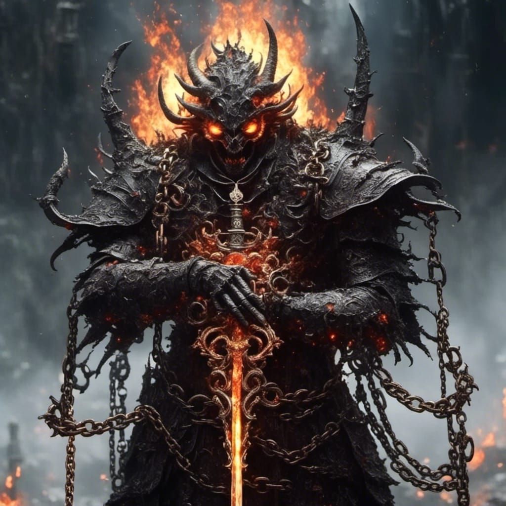 Flaming Sword Wrapped in Chain, Dark Fantasy Style
