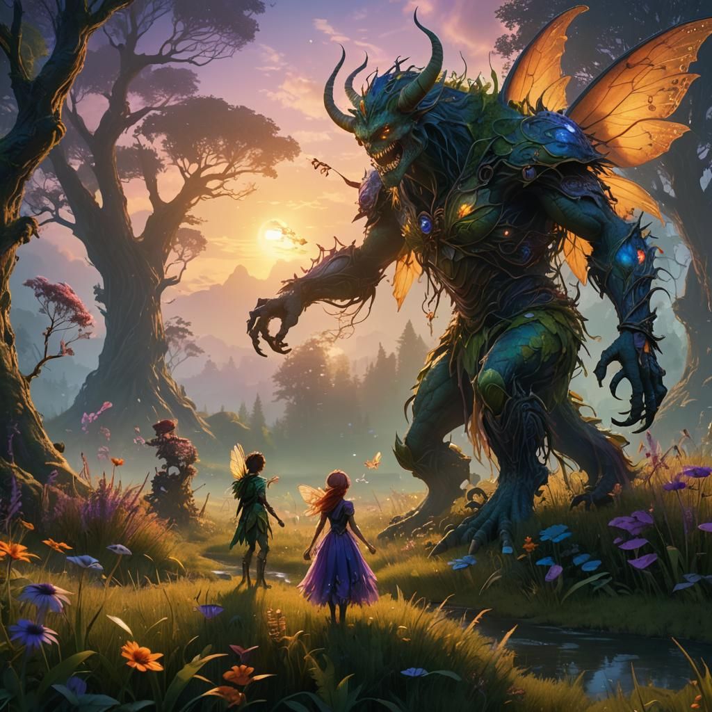 Monster and Fairy Friendship in Lush Meadow