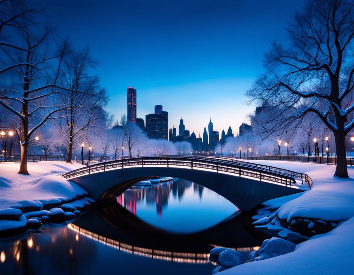 Futuristic City Riverside Park at Magic Hour