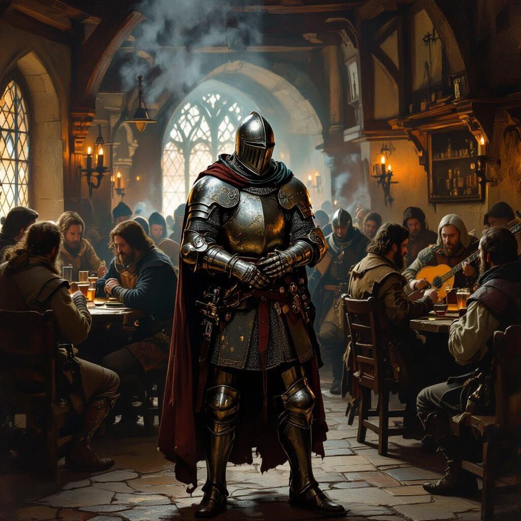 Knight in Bustling Medieval Tavern, Rembrandt & Caravaggio S...