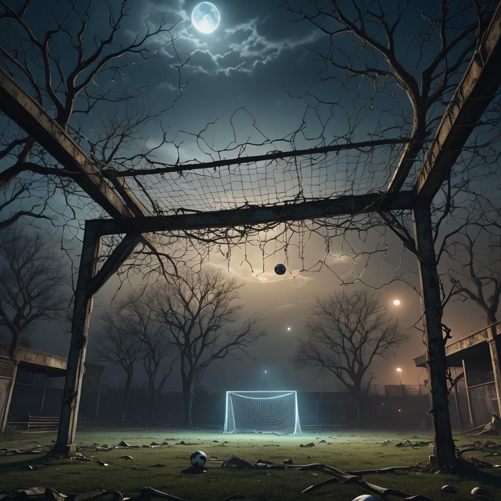 Surreal Football Goal in Abandoned Stadium