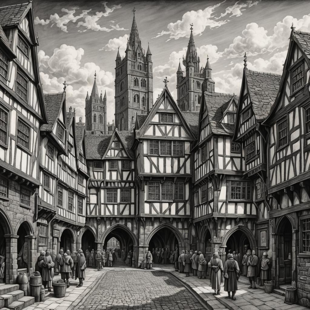Detailed Pencil Illustration of Medieval Shrewsbury Town