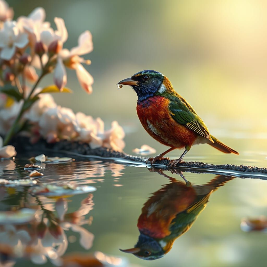 Colorful Bird Sipping Water at Pond's Edge