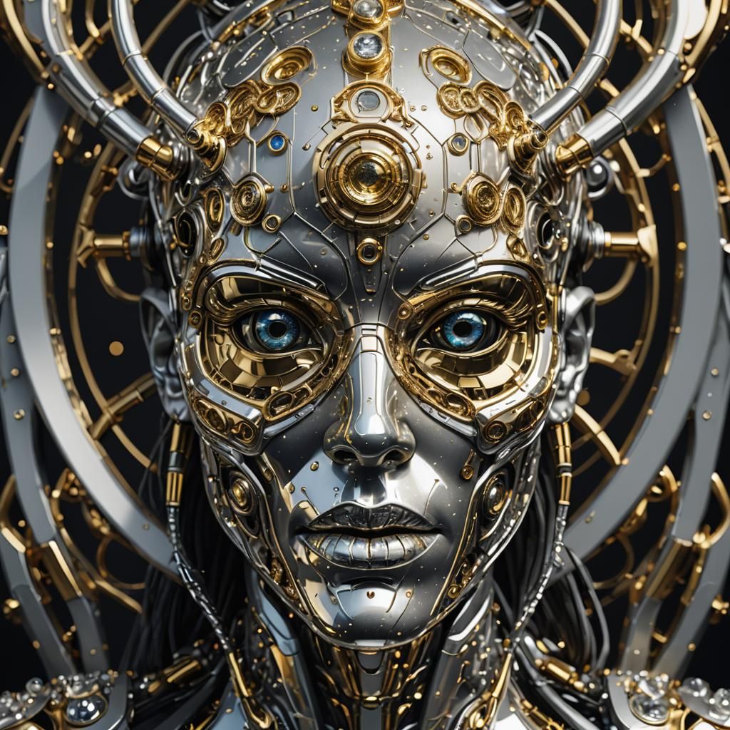 art from the 'art of control' collection by jasper harvey, in the style of futuristic optics, silver and gold, detailed ...