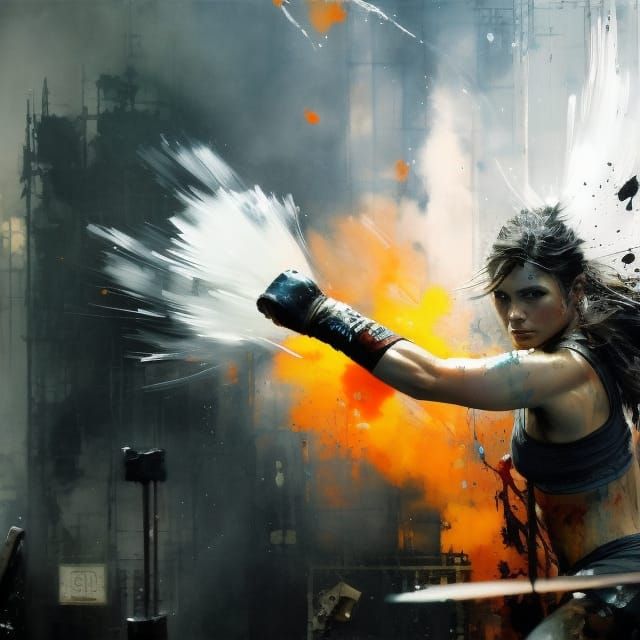 Female Fighter Portrait on Boxing Ring as Matte Painting