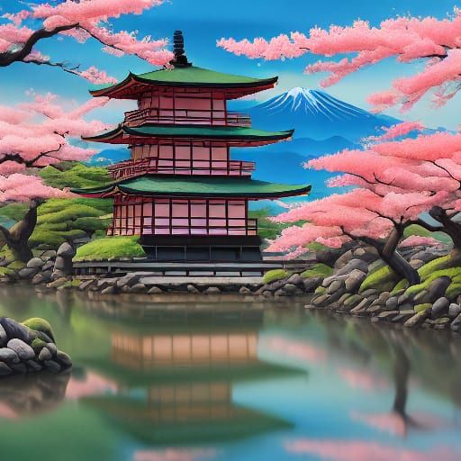 A traditional East Asian spring landscape unfolds with a woo...