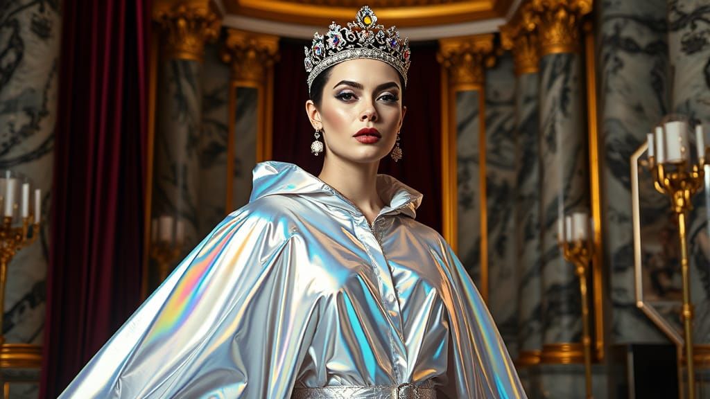Regal Pop Art Goddess in Iridescent Cape and Jeweled Crown