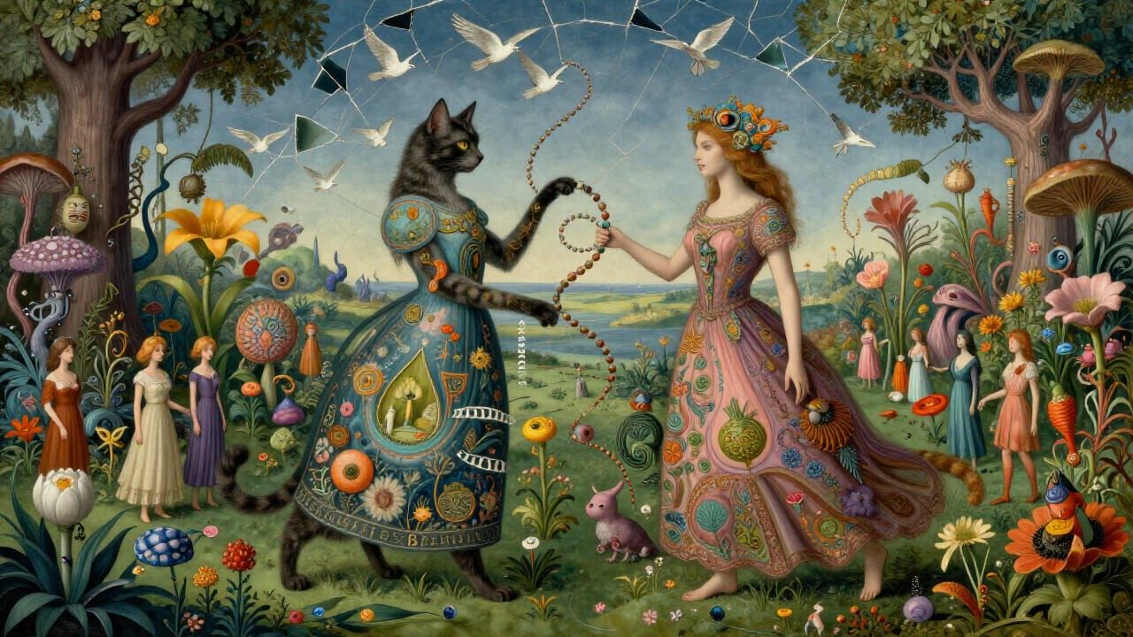 Surreal Cosmic Garden Party Blending Humanity and Nature