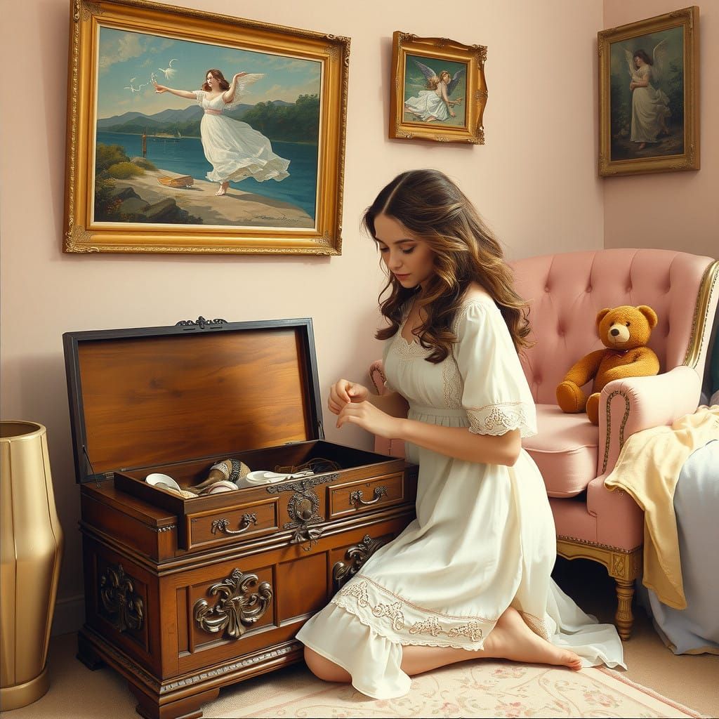 Young Woman in 1980s Bedroom with Cedar Hope Chest, Degas-In...