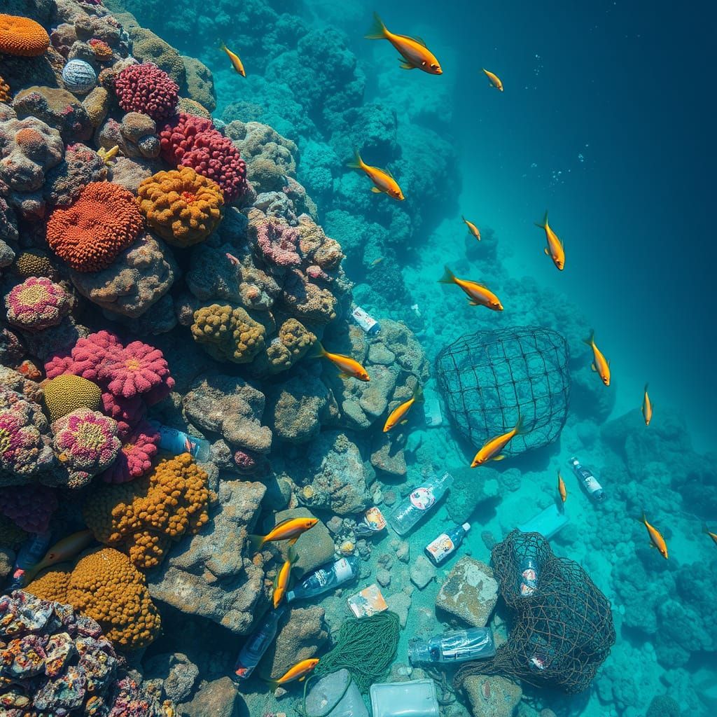 Coral Reef with Marine Life and Plastic Waste