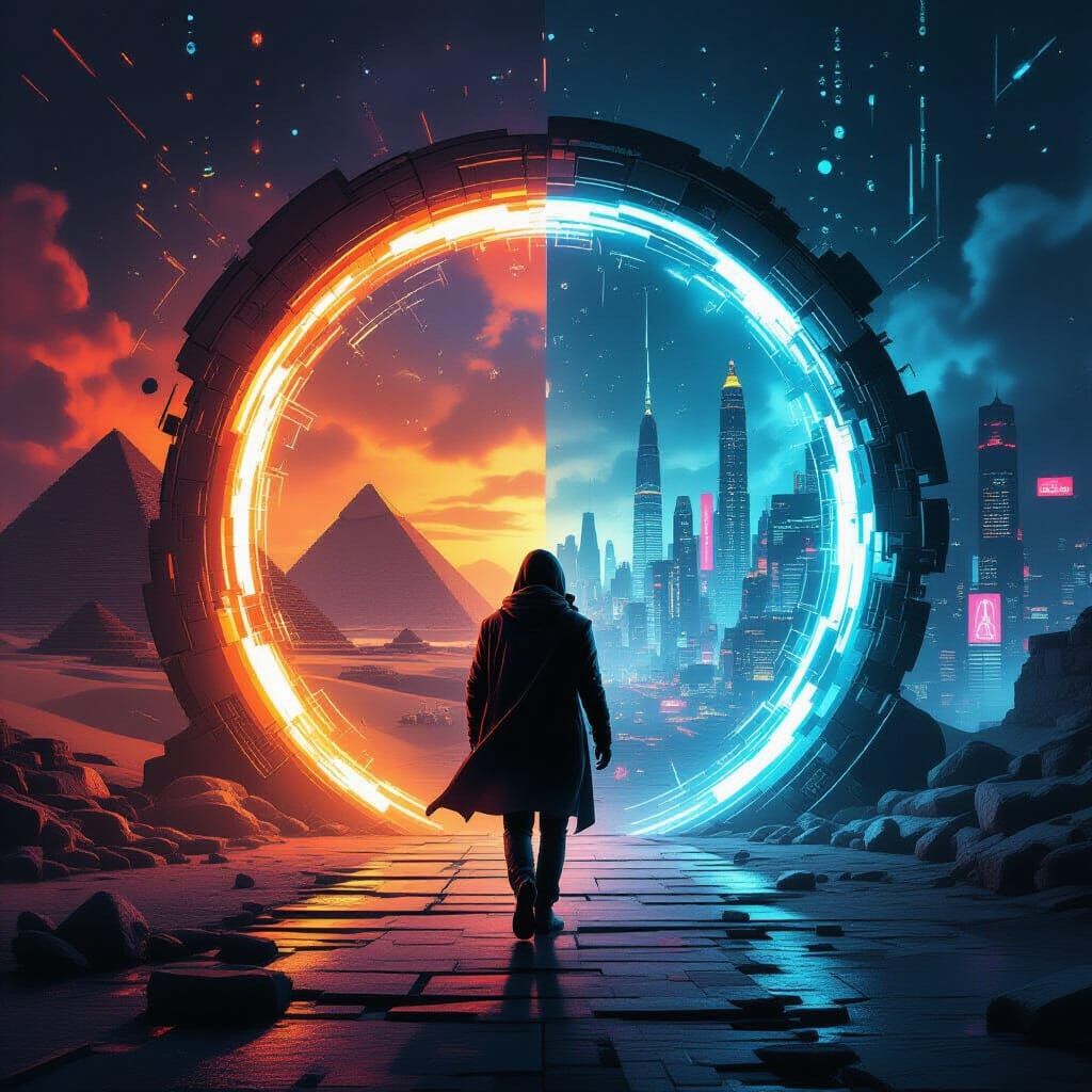 Time Traveler Between Ancient Egypt and Cyberpunk Metropolis