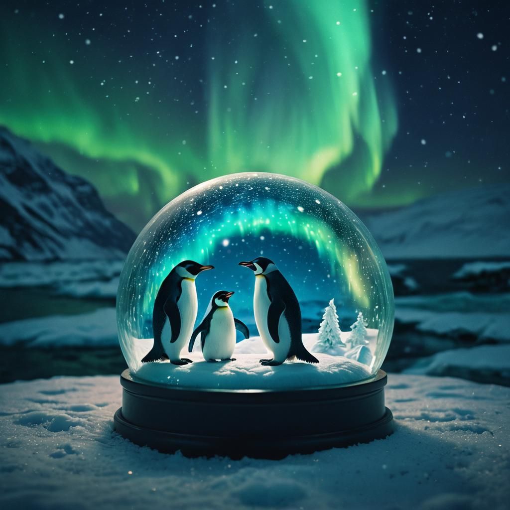 Penguin and Polar Bear in Aurora Snow Globe