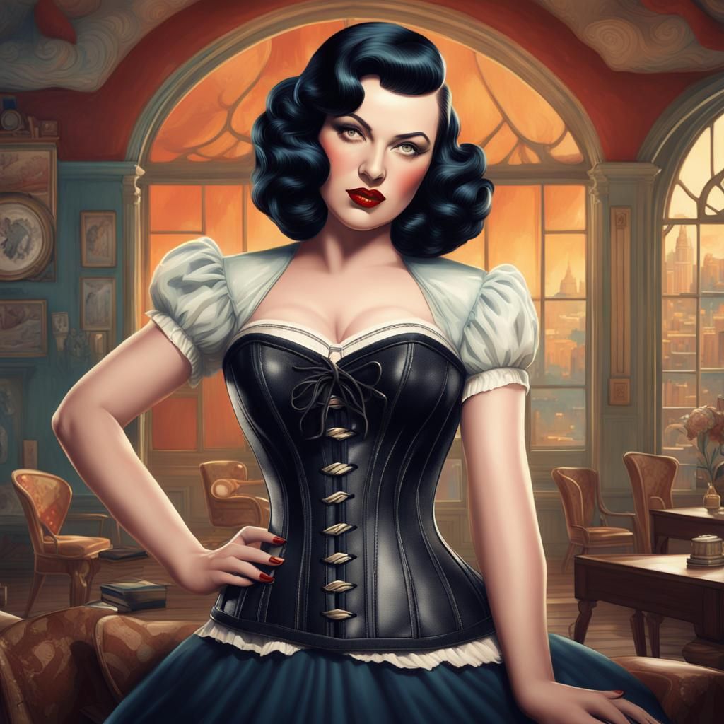 Voluptuous Woman in 1940s Pinup Illustration Style