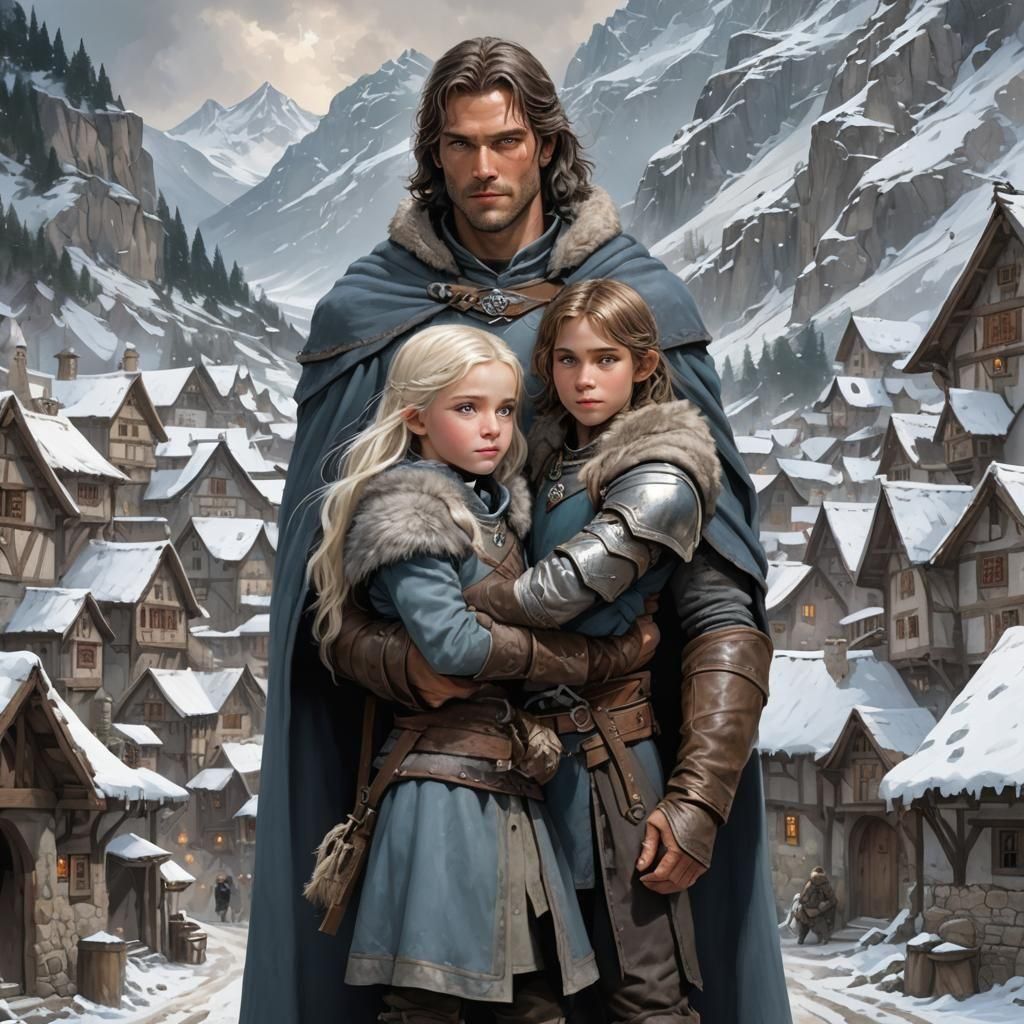 Medieval Father and Daughter in Snowy Village