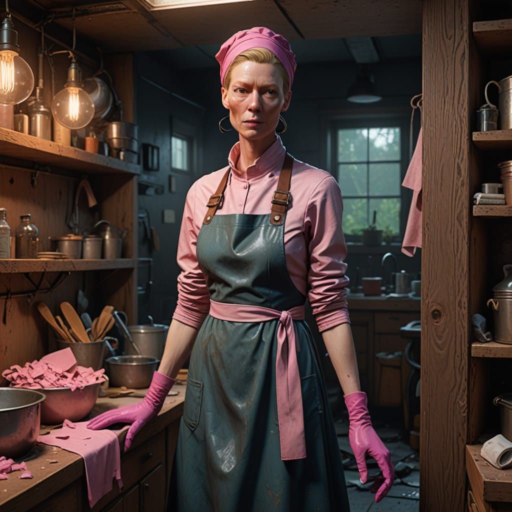 Tired Charwoman in a Cleaning Closet
