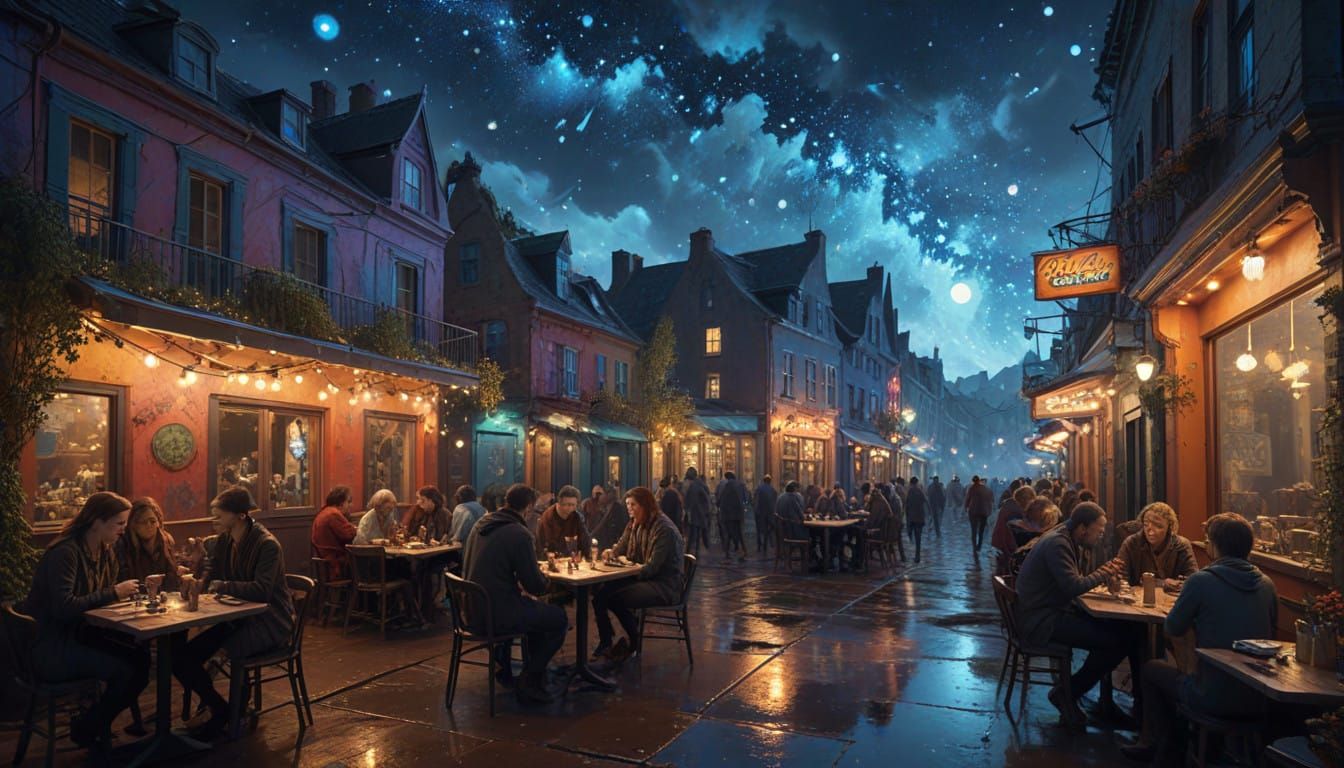 Vibrant Night Cafe in a Dreamlike Skies, Artistic Gathering....
