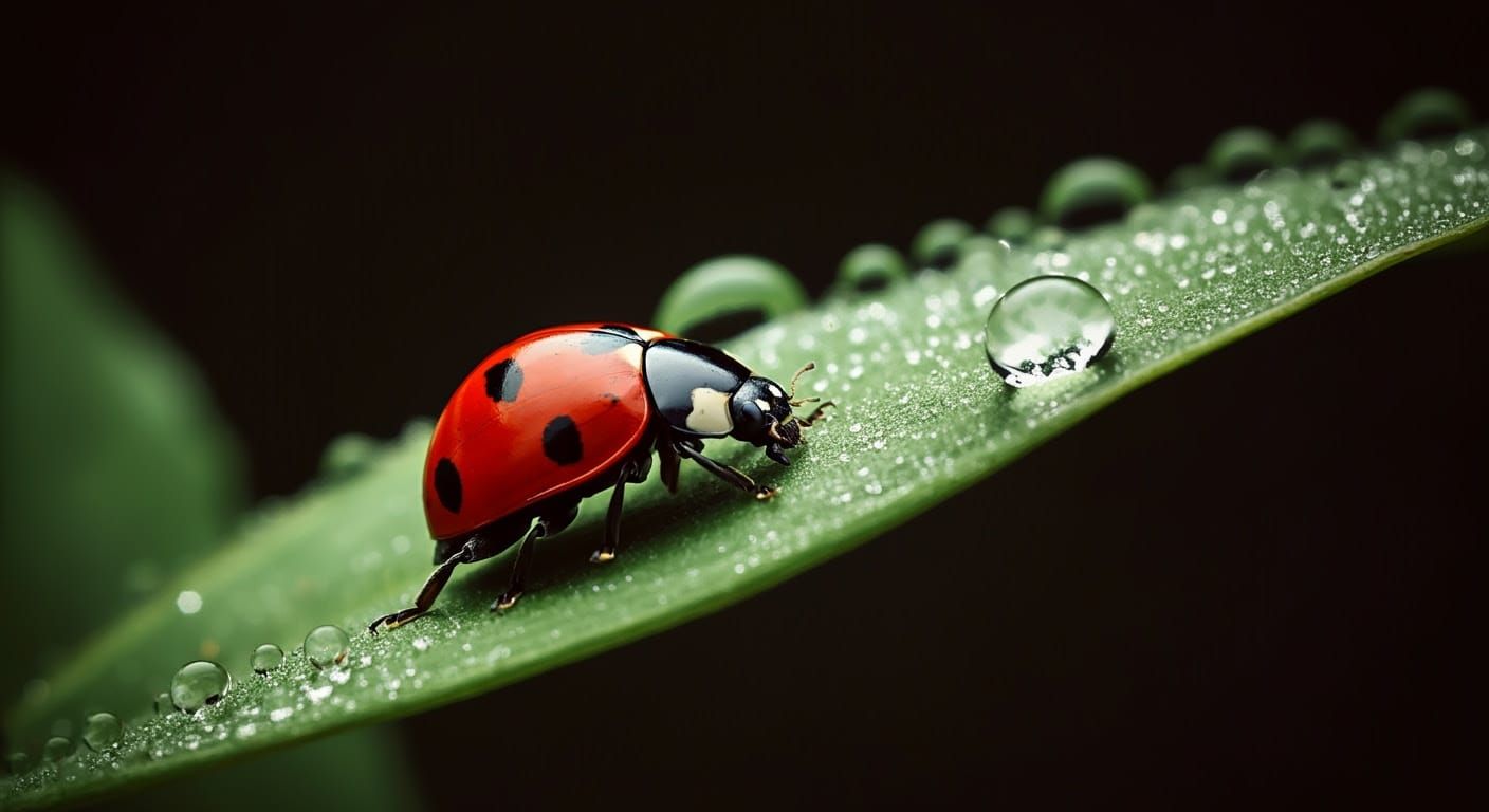 Ladybug on Dewy Leaf in Smooth Comic Book Style