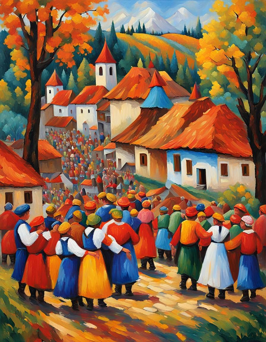Romanian Village Celebration in Expressionist Style