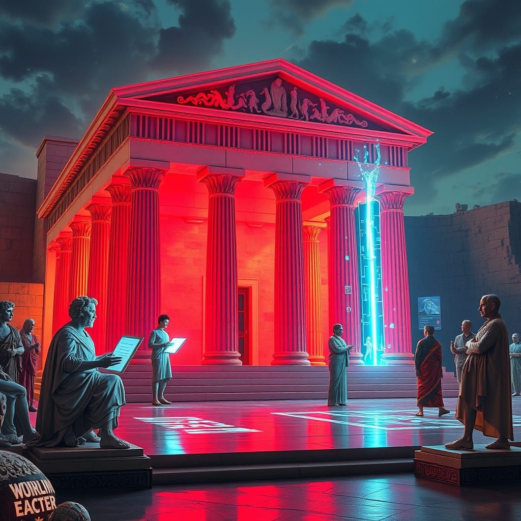 Ancient Greek Temple Meets Cyberpunk Aesthetics